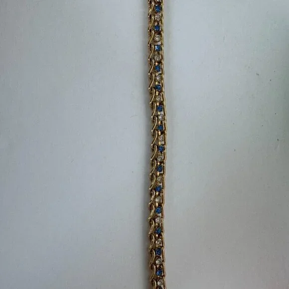 Blue White Rhinestones Tennis Bracelet Gold-Tone Fashion Jewelry - Picture 3 of 10